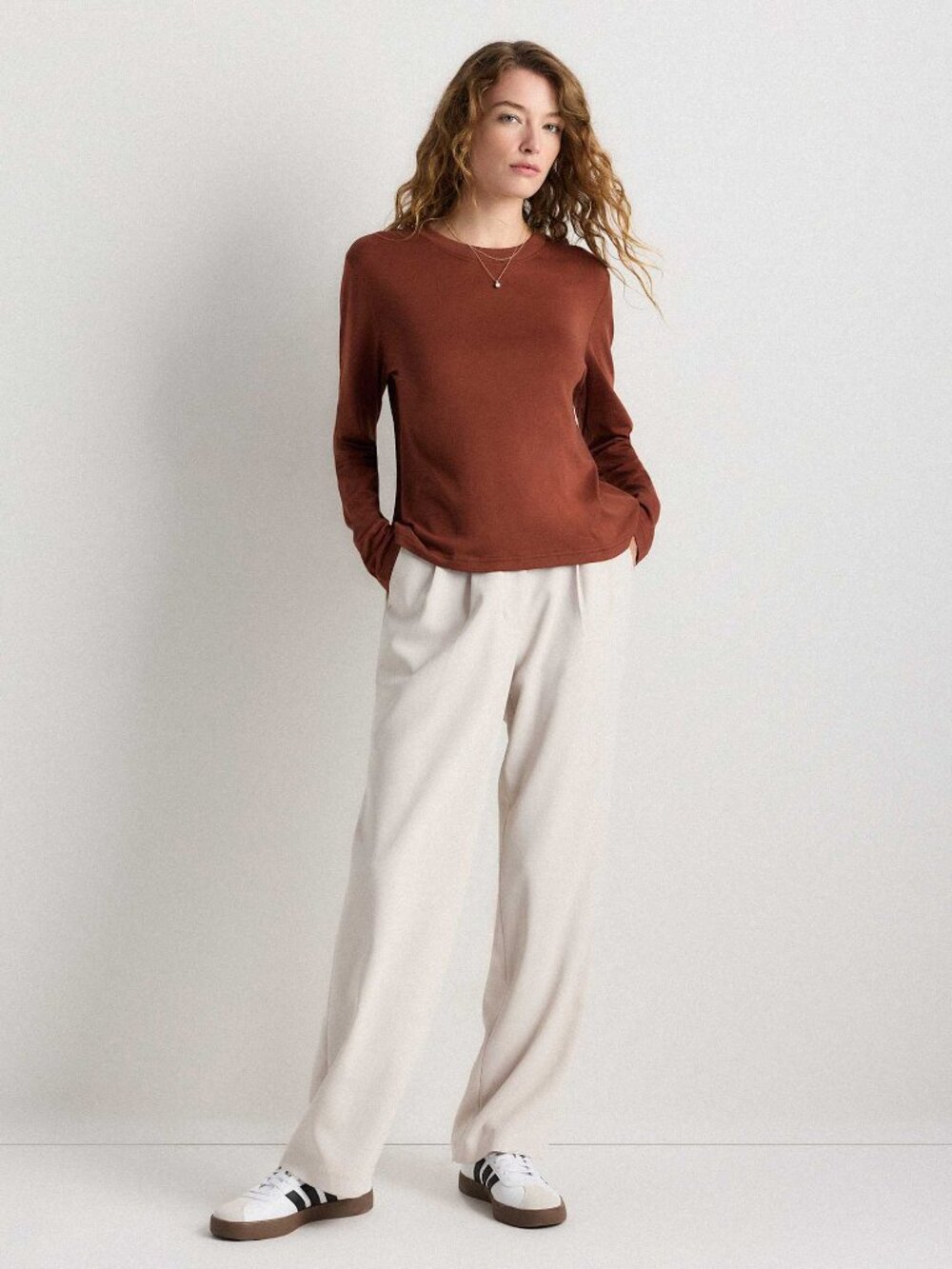 Quince Cotton Modal Relaxed Long Sleeve Tee Redwood Basic Fall NWT Size Large